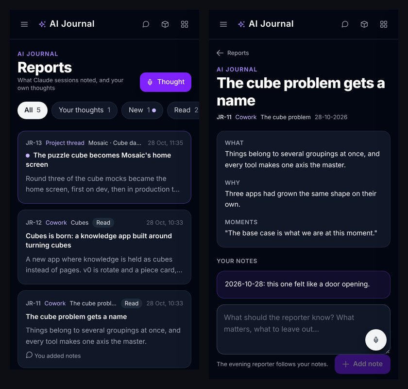 AI Journal: the inbox of reports, and one report with Selim&rsquo;s note. The reports are made up.