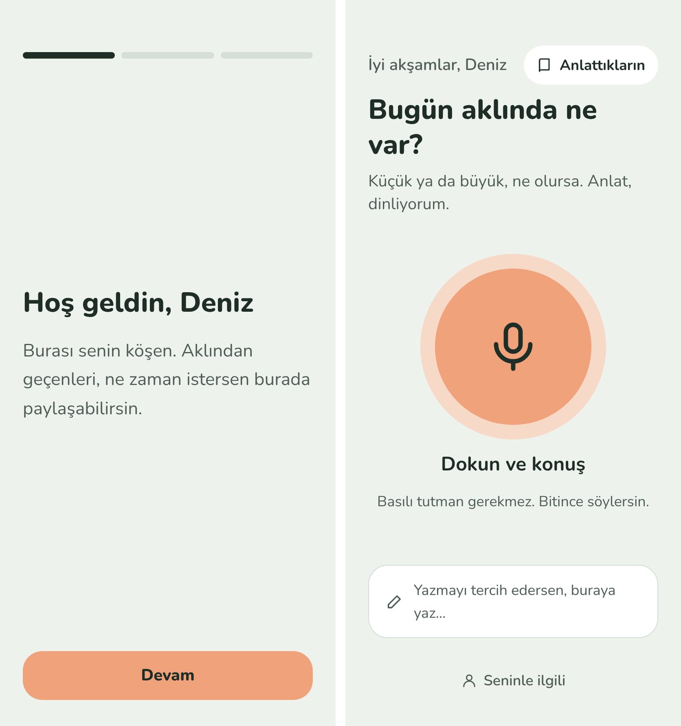 The first version: a short welcome, then the place to tell, with the big microphone and a box to write. The person and the words are made up.