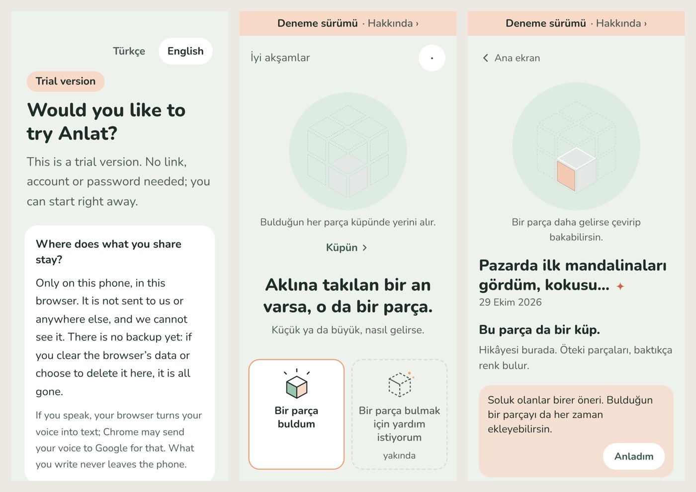Anlat&rsquo;s trial on a phone: the door in English, the home screen, and a first piece, which is a cube of its own (example text).