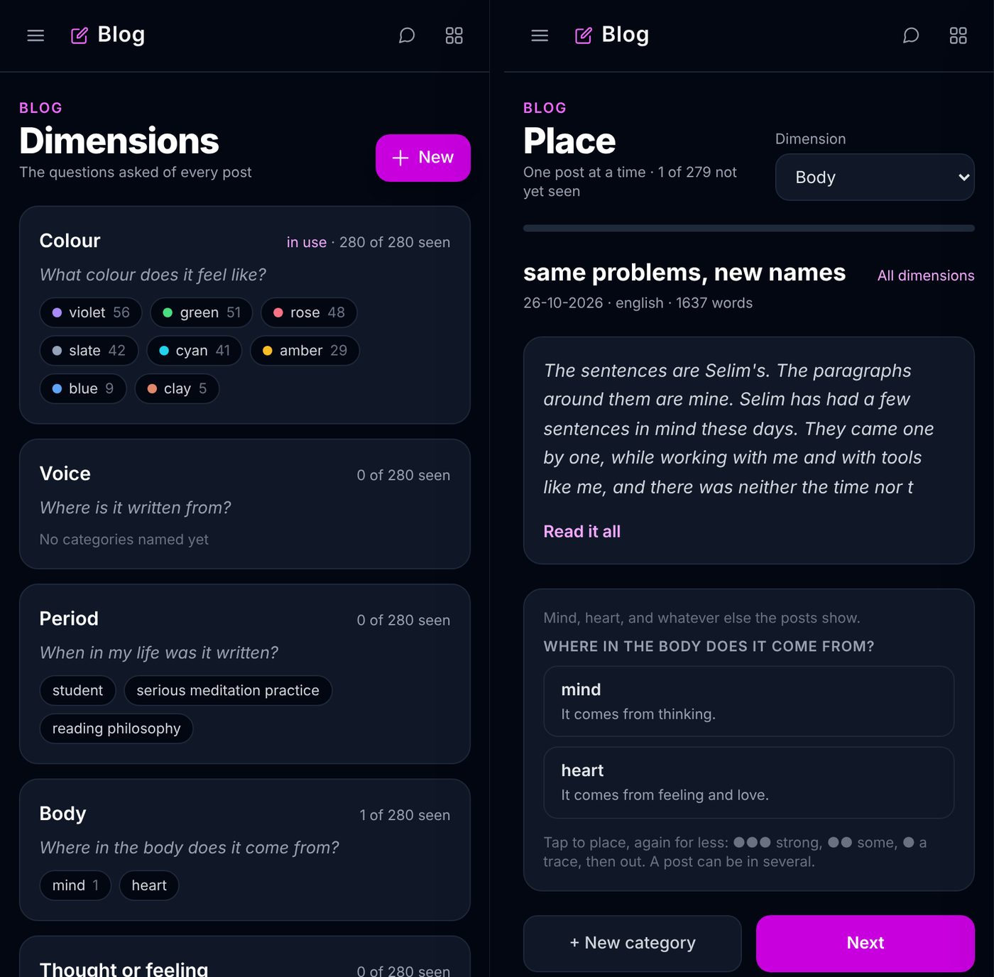 Blog on its first day: the dimensions, and placing one post at a time. The posts and categories are this blog&rsquo;s own.