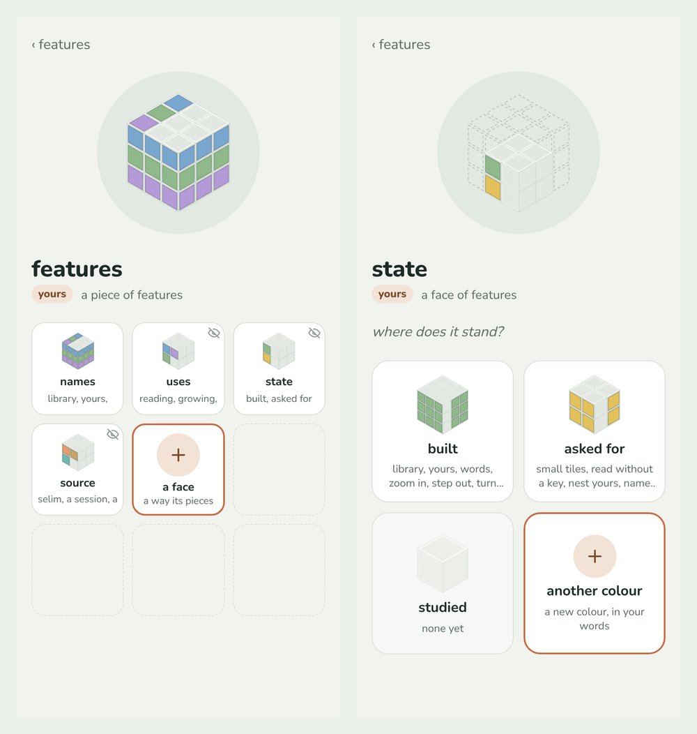 Cubes on a phone (mock data): the features cube of Cubes, and its face &ldquo;where does it stand?&rdquo;, with built and asked for.