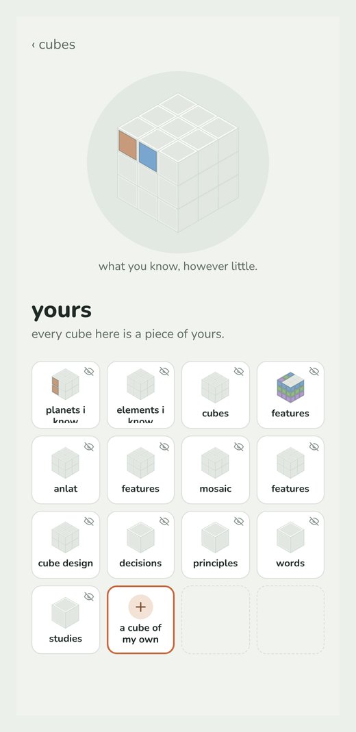 &ldquo;yours&rdquo; in Cubes (mock data, rebuilt to show the problem): app cubes and their insides all on one level, with three &ldquo;features&rdquo;.