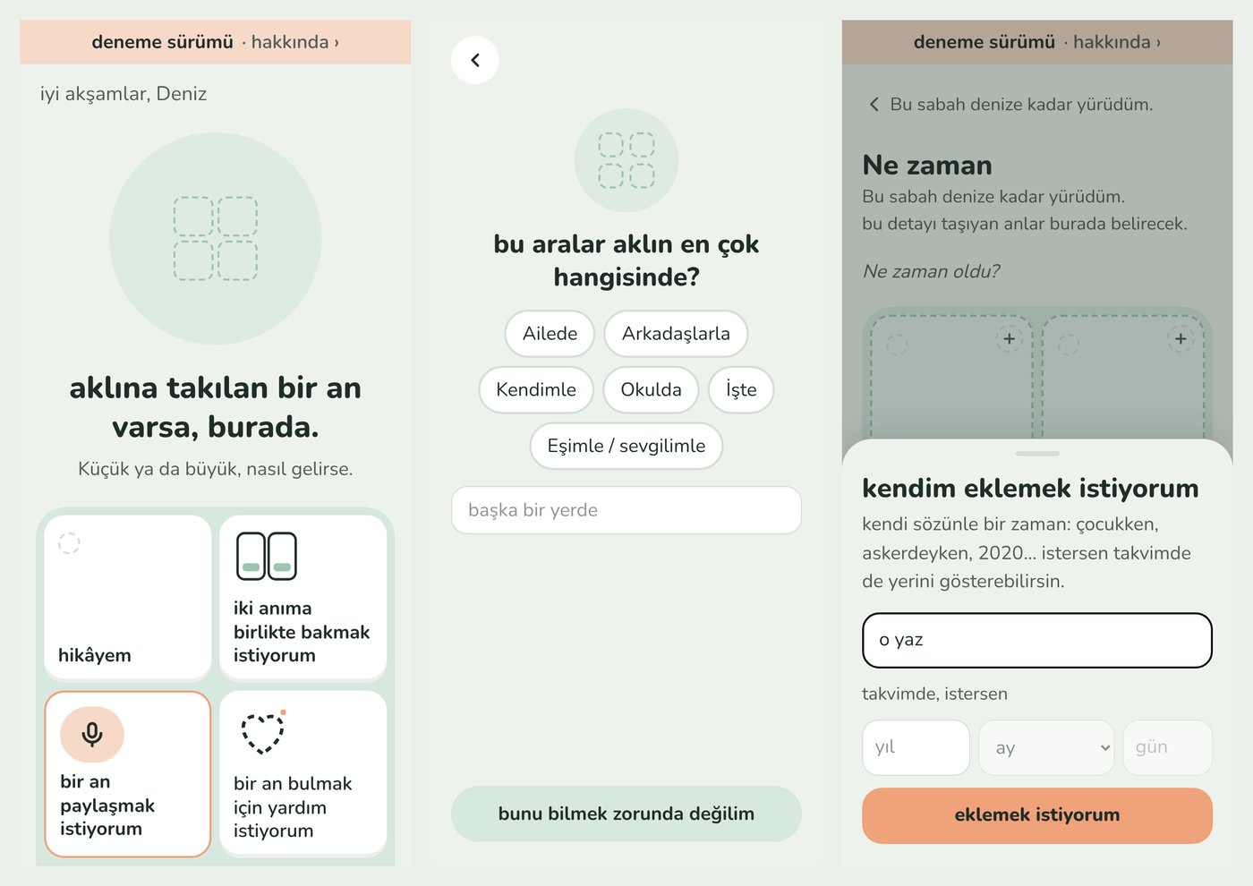Anlat&rsquo;s trial on a phone (example text): the main screen without a drawn cube, help in finding a moment, and &ldquo;when&rdquo; in your own words.