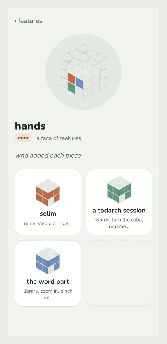 The hands face of a cube: its pieces grouped by who added them (mock data, made-up session names).