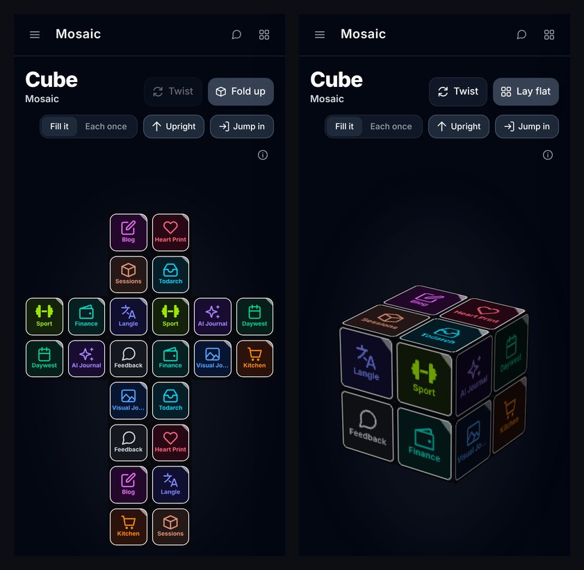 Mosaic&rsquo;s new home screen, flat and folded into a cube.