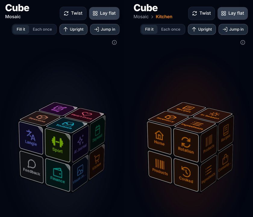 Tap Kitchen on Mosaic&rsquo;s cube, and Kitchen&rsquo;s own cube comes out, made of its screens.